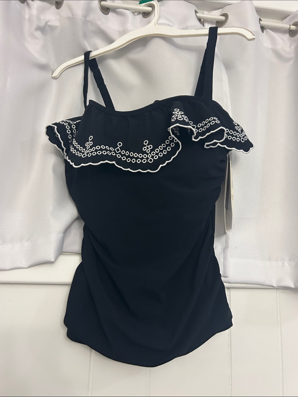 Women’s Black Ruffle Tankini Top with White Embroidery
